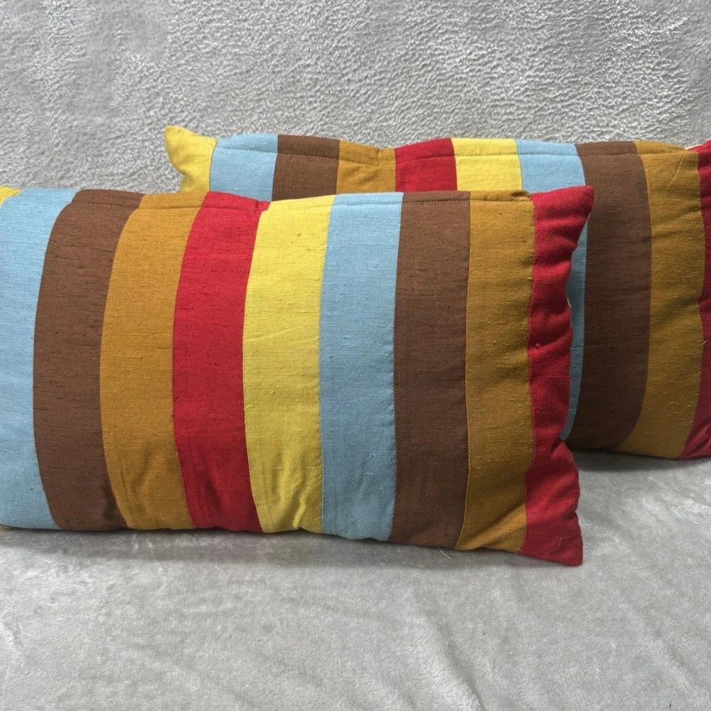 Pier 1 Embroidered Floral Lumbar Throw Pillows Set of 2 Striped Reversible Retro